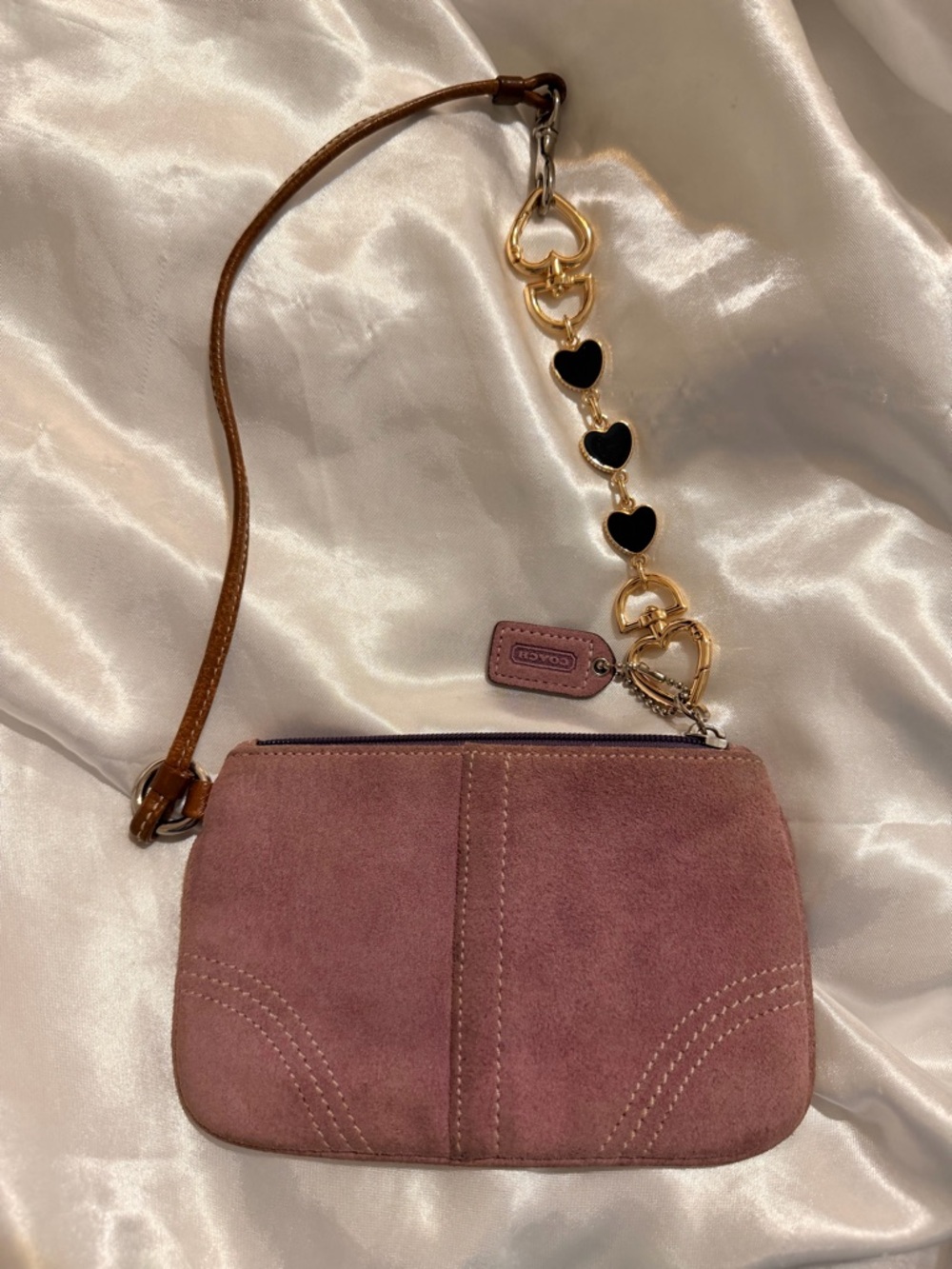 Coach Mauve Suede Wristlet with Gold Heart Charm Strap